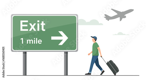 Traveling Towards The Airport Exit, A Tourist Walking With His Luggage Under Flight