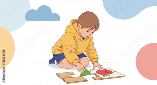 A Young Boy Focused on Putting Together a Colorful Wooden Puzzle on the Floor