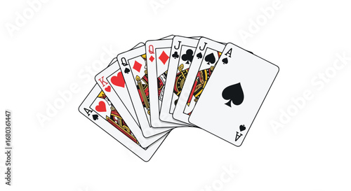 A hand of poker cards fanned out, showcasing a potential winning combination against a pristine white backdrop creating a clean, minimalist