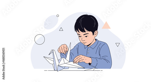 A Young Boy Folding Origami Crane, Creative Hobby and Craft Activity Illustration