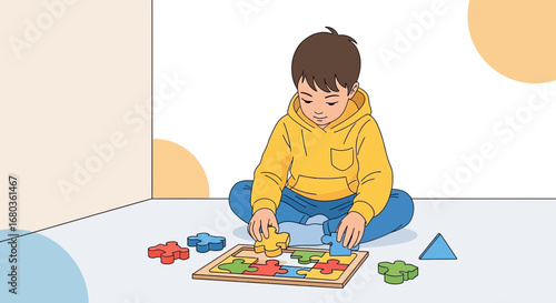A young boy focused on solving a colorful puzzle while sitting on the floor happily