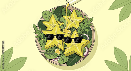 Trendy Salad Art Featuring Sunglasses-wearing Fruits with Pouring Dressing Illustration