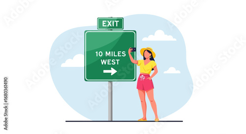 Trendy Woman Captures Moment While Exploring Road Trip Destinations With Her Phone Camera