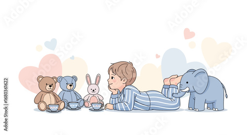 A Young Boy Imaginatively Plays With Toys In A Serene And Whimsical Illustration Style