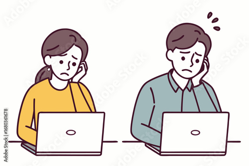 Vector art of two people looking stressed and worried while working on their laptops