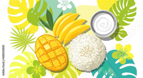 Tropical Feast Illustration Featuring Mango, Sticky Rice, And Coconut Cream, A Culinary Delight