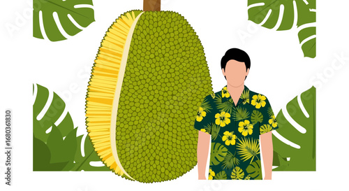 Tropical Fruit And Man With Decorative Hawaiian Shirt And Plant Motifs