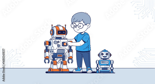 A Young Boy Interacting with Robots, Technology, and Futuristic Concepts