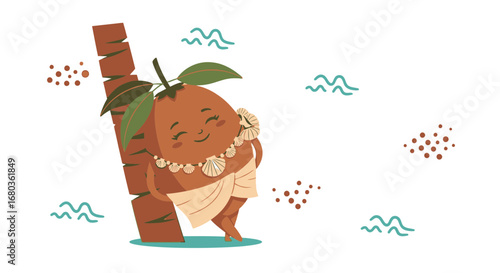 Tropical Fruit Character Enjoying Life Leaning Against Palm Tree, Smiling Happily in the Sun