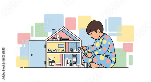 A young boy interacts with a dollhouse, engaged in imaginative play and creativity processes