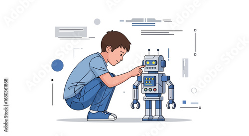 A Young Boy Interacts With Futuristic Robot Technology In A Modern Illustration