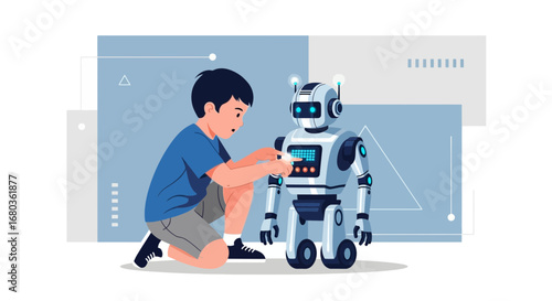 A Young Boy Interacts With A Futuristic Robot, Discovering Technology's Possibilities
