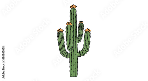 Botanical desert flora, a vector illustration of a flowering saguaro cactus on a clean white backdrop. its cartoonish design makes it stand out. The