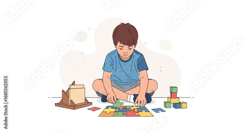 A young boy is sitting on the floor doing a puzzle to improve his cognitive skills