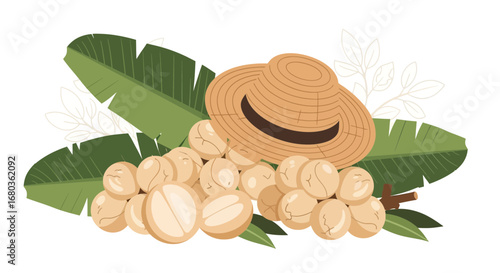 Tropical Harvest Composition Presents Freshly Gathered Nuts With A Straw Hat On Top