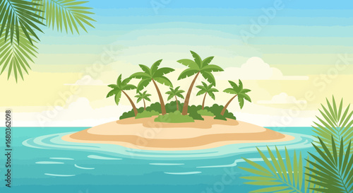 Tropical Island Paradise With Palm Trees, Turquoise Ocean And Azure Sky