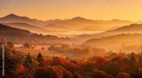 A golden autumn sunrise paints a tranquil mountain landscape, with vibrant fall foliage and hazy, misty valleys.