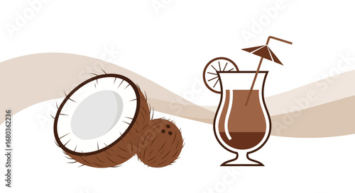 Tropical Paradise: Coconut and Cocktail Illustration Displaying Delicious Flavors and Refreshment