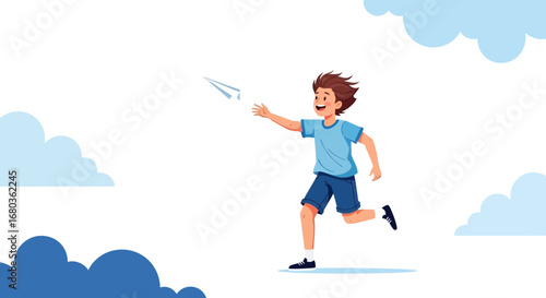A Young Boy Joyfully Runs and Throws a Paper Airplane Under a Cloudy Sky