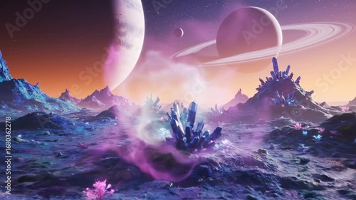 Surreal Alien Landscape with Colorful Crystals - A vibrant, surreal landscape featuring large crystalline formations, otherworldly flora, and a misty atmosphere.