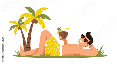 Tropical Paradise: Relaxing Holiday Scene With Palm Trees And Coconut Drink