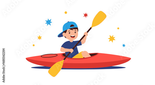 A young boy kayaking on a lake with a large paddle and a friendly smile