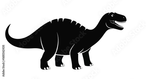 Black silhouette illustration of a dinosaur with a long neck and tail against a clean white background showing prehistoric power and extinct creatures