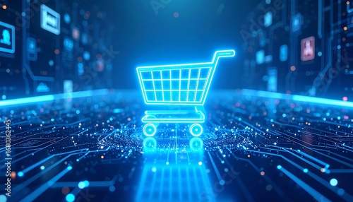 Glowing shopping cart icon on digital circuit board