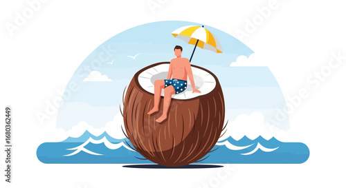 Tropical Rhapsody: A Man Relaxing on a Giant Coconut Amidst Oceanic Ambiance