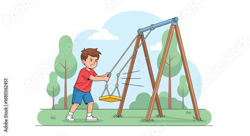 A Young Boy on a Swing in a Park, Illustration Depicting Childhood and Playtime
