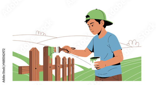 A young boy painting a wooden fence outdoors during a sunny day for art purpose