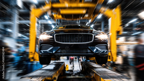 Black car lifted in auto repair shop with dynamic motion blur effect showing speed and modern technology