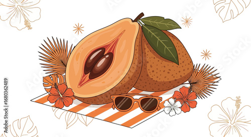 Tropical Sapodilla Fruit Illustration With Sunglasses And Beach Theme Aesthetic Vibes
