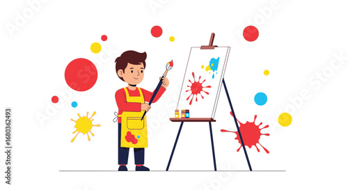 A young boy painting on a canvas board with various colors around him to illustrate art concept