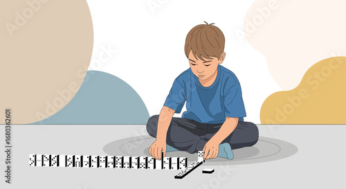 A Young Boy Playing Dominoes Indoor, Relaxation and Childhood Concept, Vector Illustration
