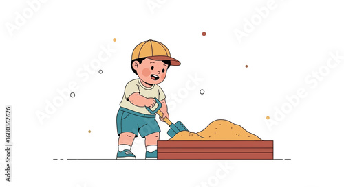 A young boy playing in a sandbox with a shovel on a sunny day at the park or playground setting
