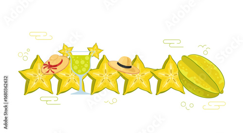 Tropical Starfruit Design With Cocktail And Sun Hats Celebrating Summer Vibes