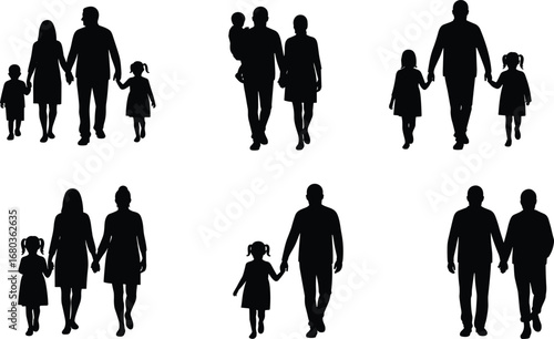 Silhouette family walking holding hands, parents with children, diverse family members walking together, love, unity, bonding, parenting, togetherness, happiness, connection concept illustration