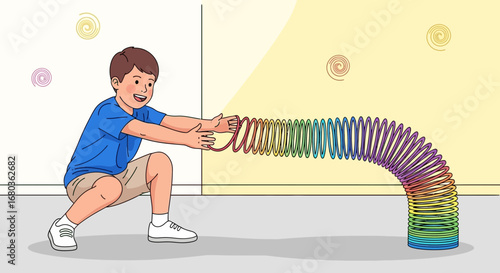 A young boy playing with a colorful slinky, having fun with his toy
