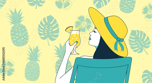 Tropical Vacation Illustration: Woman Savoring a Refreshing Pineapple Cocktail Outdoors