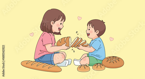 Two Children Enjoying Baking Bread With Joyful Faces Together, Sharing Baked Goods