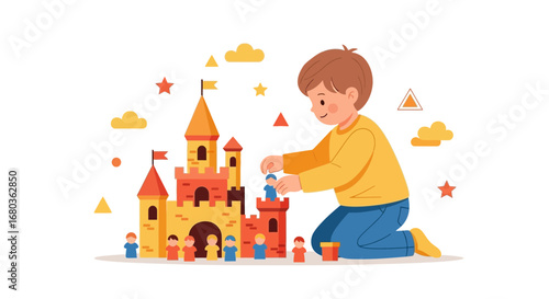 A young boy playing with a toy castle building colorful kids illustration