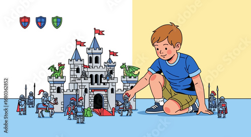 A young boy playing with a toy castle and figurines of knights and dragons, having fun
