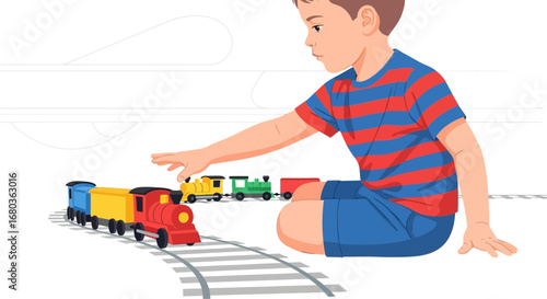 A young boy playing with a toy train on tracks inside a home cartoon illustration