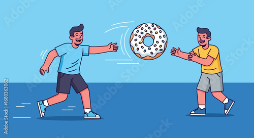 Two Happy People Playfully Tossing a Frosted Donut in a Bright, Colorful Scene