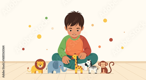 A young boy playing with animal toys, a joyful moment of early childhood fun and play