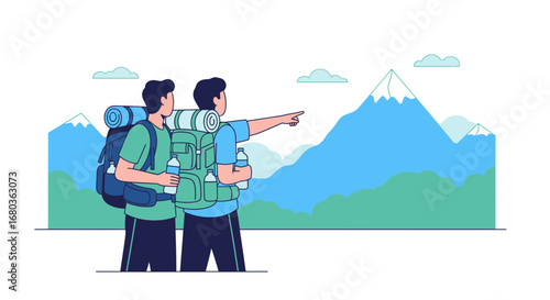 Two Hikers Enjoy Spectacular Views Of Mountain Range During Excursion Adventure Experience