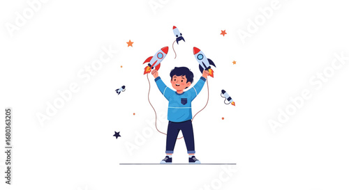 A young boy playing with rockets and exploring space: imagination concept illustration