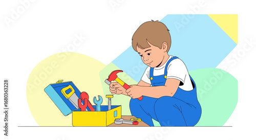 A young boy playing with tools from a toolbox, ready to fix something in cartoon form