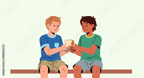 Two Young Friends Sharing Bread, Symbolic of Friendship and Generosity in a Peaceful Scene